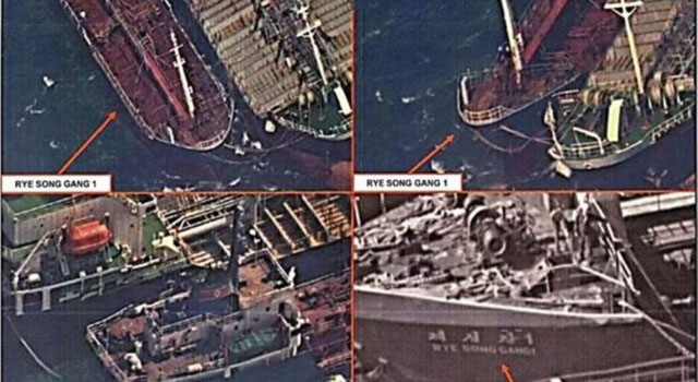 2017년 12월 말 美재무부 해외자산통제국(OFAC)이 공개한, 북한 선박의 공해상 환적 현상. 이 사진은 美정찰위성이 촬영한 것으로 알려졌다. ⓒ美재무부 공개사진-미국의 소리 관련보도 화면캡쳐.