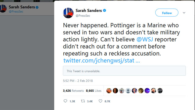 ▲ 한겨레의 사설을 美월스트리트저널 서울지국장이 트윗에 올리자 새라 샌더스 美백악관 대변인이 정면으로 반박했다. ⓒ사라 샌더스 美백악관 대변인 트위터 캡쳐.