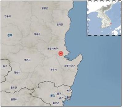 ▲ 포항시 북구 북서쪽 5km(학천리) 부근에 발생한 지진 진앙지.ⓒ경북도