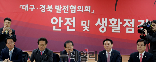 홍준표 한국당 대표(중간)가 13일 대구시청에서 열린 대구경북발전협의회 회의에 참석해 인사말을 하고 있다.ⓒ뉴데일리