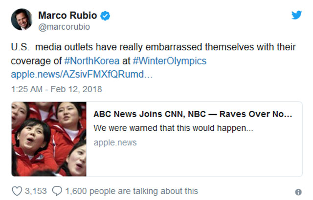 ▲ 美공화당의 유력 대선주자 가운데 한 명이었던 마르코 루비오 상원의원도 자신의 트윗을 통해 美주류 언론들이 김여정과 북한 응원단 등을 추켜세운 보도에 대해 비판했다. ⓒ마르코 루비오 美상원의원 트위터 캡쳐-美VOA 관련보도
