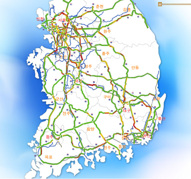 ▲ 한국도로공사가 운영하는 '로드 플러스'의 16일 오후 5시 10분 기준 고속도로 교통상황. 파란색은 우회도로 현황이다. ⓒ한국도로공사(EX) 로드 플러스 캡쳐.