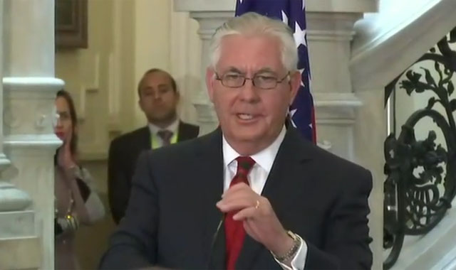 ▲ 지난 12일(현지시간) 이집트에서 기자회견을 갖는 렉스 틸러슨 美국무장관. ⓒ美국무부 유튜브 채널 캡쳐.