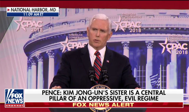 ▲ 마이크 펜스 美부통령은 22일(현지시간) 메릴랜드에서 열린 '보수주의 정치행동회의(CPAC)'에 참석해 김여정을 찬양하는 언론들에 일침을 가했다. ⓒ美폭스뉴스 관련중계 화면캡쳐.