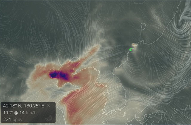 ▲ '어스 윈드 맵'에서 23일 오후 5시에 살펴본 북한 나진선봉 지구의 미세먼지 농도. ⓒ어스 윈드 맵 화면캡쳐.