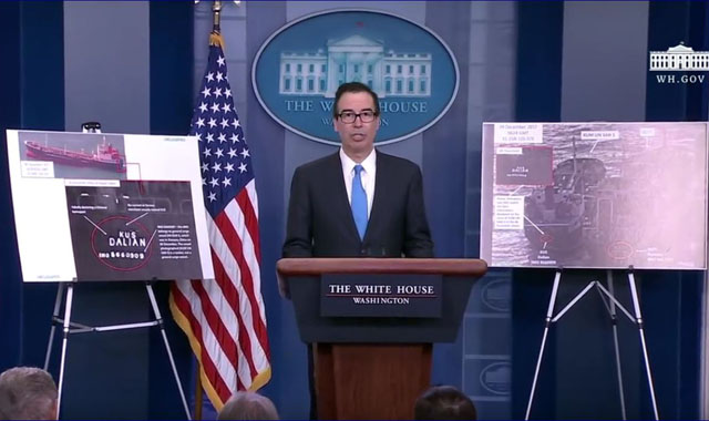 ▲ 美정부가 23일(현지시간) 사상 최대의 대북독자제재를 단행한다고 발표했다. 스티브 므누신 美재무장관은 백악관 브리핑을 통해 최대의 압박 전략은 계속될 것이라고 밝혔다. ⓒ美백악관 브리핑 유튜브 캡쳐.