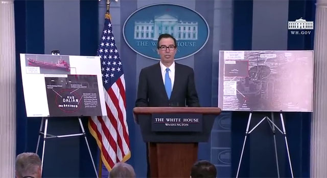 ▲ 지난 23일(현지시간) 美백악관에서 대북제재 브리핑을 하는 스티븐 므누신 美재무장관. ⓒ美백악관 유튜브 채널 캡쳐.