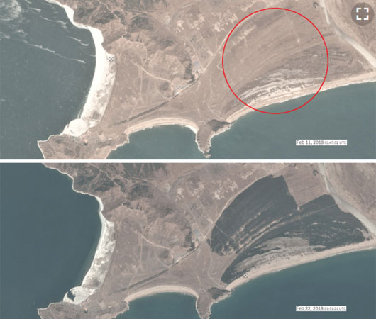 ▲ 북한 나선시에서 일어난 화재 흔적. 위 사진이 불타기 전, 아래 사진이 불탄 흔적이다. ⓒ美플래닛-美VOA 관련보도 화면캡쳐.