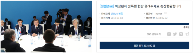 ▲ 미성년자 성범죄 처벌에 대한 국민청원. ⓒ청와대 홈페이지 캡처