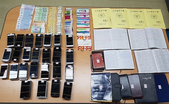 ▲ 현금, 통장, 장부, 중고 휴대전화 등 경찰이 압수한 물품들.ⓒ충북경찰청 국제범죄수사대