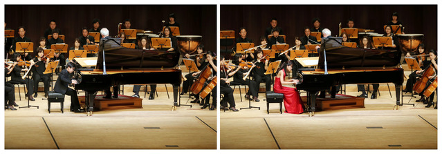 ▲ 제3회 아시아·태평양 국제쇼팽 피아노 콩쿠르에서 우승자들이 독주회를 가지고 있다(왼쪽 주니어 우승 한국 선 율 군, 오른쪽 시니어 우승  케이트 리우).ⓒ계명대