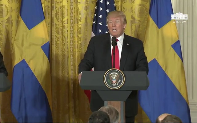▲ 스테판 뢰벨 스웨덴 총리와의 공동 기자회견을 갖는 트럼프 美대통령. 그는 이 자리에서도 남북 문제를 언급했다. ⓒ美백악관 유튜브 채널 캡쳐.