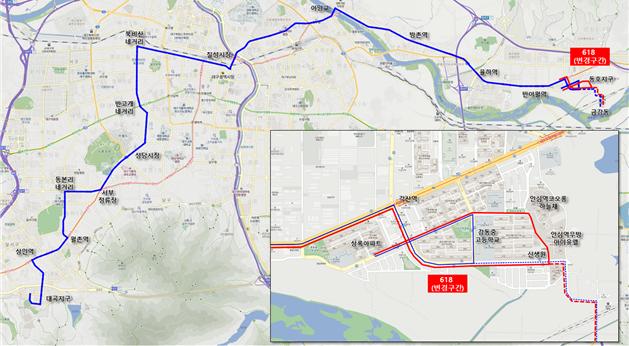 ▲ 대구시는 시내버스 이용수요 변화에 대응하고 접근성 개선 등을 위해 시내버스 노선과 운행대수를 조정해 시행한다. 사진은 618번 변경노선도.ⓒ대구시