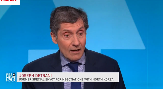▲ 지난 6일(현지시간) 美공영 PBS 뉴스아워에 출연한 조셉 디트라니 前 6자 회담 부대표는 북한의 메시지를 곧이 곧대로 믿지는 말 것을 주문했다. ⓒ美PBS 관련보도 화면캡쳐.