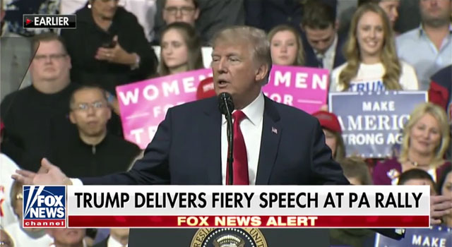 ▲ 美펜실베니아州 피츠버그 국제공항에서 공화당 하원의원 후보 지원유세를 하는 도널드 트럼프 美대통령. ⓒ美폭스뉴스 관련보도 화면캡쳐.