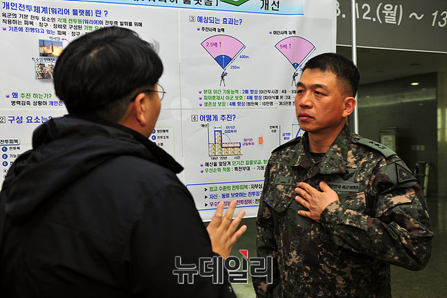 ▲ 취재기자에게 '워리어 플랫폼'을
 설명중인 성일 군수참모부장(소장/육사43기) ⓒ뉴데일리 오세진