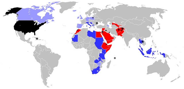 ▲ CIA를 비롯한 美정보기관이 '비밀 감옥(블랙사이트)'을 운영하는 곳으로 의심받는 지역을 검은색으로 표시했다. ⓒ위키피디아 공개사진.