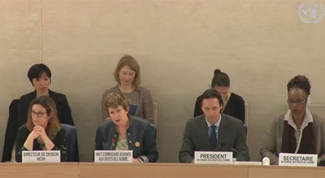 ▲ 북한의 인권유린 책임자 처벌에 관한 내용을 발표하는 케이트 길모어 유엔 OHCHR 부대표(왼쪽 두번째). ⓒ자유아시아방송 화면캡쳐-유엔 웹TV