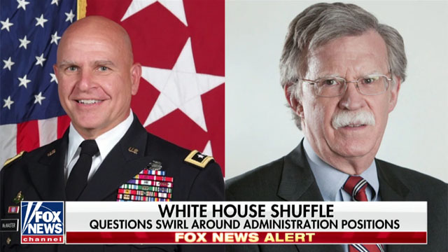 ▲ 美폭스뉴스에 따르면 조만간 백악관 비서실장, NSC 보좌관, 보훈부 장관, 에너지부 장관 교체가 있을 예정이라고 한다. 사진은 맥마스터 NSC 보좌관과 존 볼튼 前유엔 대사. ⓒ美폭스뉴스 관련보도 화면캡쳐.