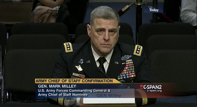 ▲ 마크 밀리 美육군참모총장의 하원 청문회 발언이 관심을 끌고 있다. 사진은 2015년 7월 21일 美상원 군사위워회 인준 청문회 당시 모습. ⓒ美공영 C-SPAN 중계영상 캡쳐