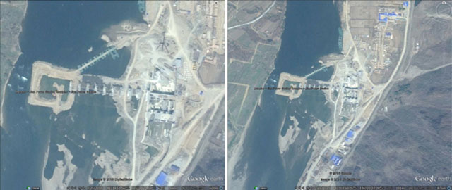 ▲ 2016년 5월 당시 북한이 압록강 유역에 수력발전소를 짓는 모습. 북한은 중국과 함께 압록강 일대에서 수력발전소를 건설, 이곳에서 생산한 전기를 중국에 보내고 있다고 한다. ⓒ2016년 5월 당시 美자유아시아방송 관련보도-구글어스