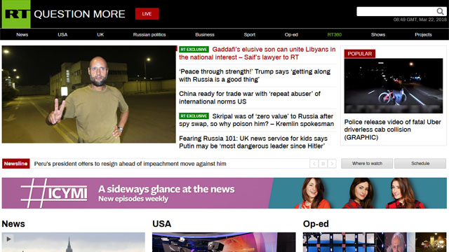 ▲ 설립한지 불과 10여 년 만에 세계적인 영향력을 갖게 된 러시아 관영매체 '러시아투데이(RT). 시진핑 中국가주석이 만들려는 대외선전매체의 목표라고 한다. ⓒ러시아투데이 홈페이지 캡쳐.