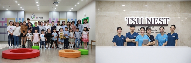 ▲ 대구과학대 유아교육과 유캔-창의놀이터 실습실(사진 왼쪽)과 간호학과 ‘NEST센터’(오른쪽)에서 학생들이 기념촬영을 하고 있다.ⓒ대구과학대학교