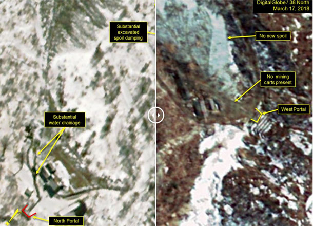 ▲ 3월 초순과 중순에 촬영한 핵실험장 갱도 일대 사진. 북한이 3월 중순부터 풍계리 핵실험장 일대의 작업을 중단했다고 한다. ⓒ美38노스 관련보도 화면캡쳐.