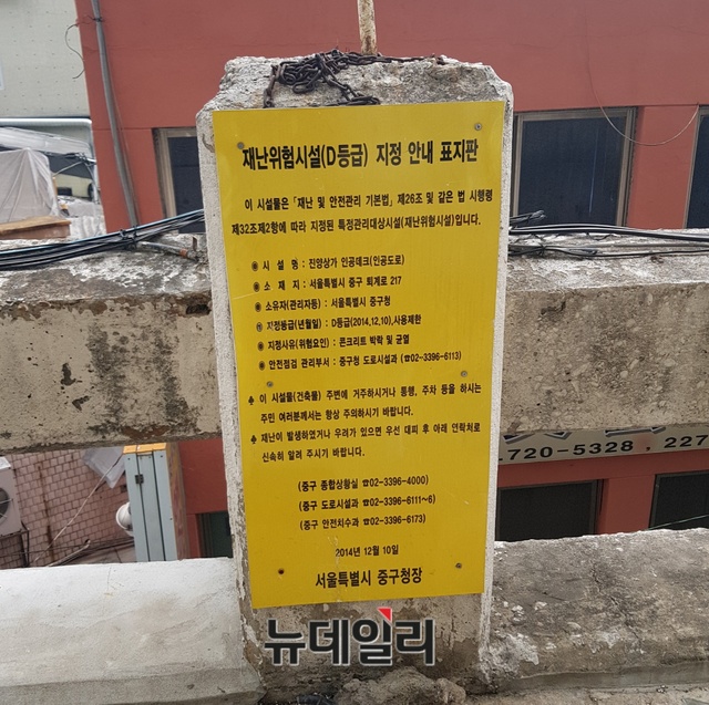 ▲ 서울 중구 진양상가 3층 보행데크 시설물이 '재난위험시설'로 분류돼있다.ⓒ뉴데일리 임혜진 기자