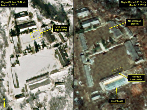 ▲ 지난 3월 23일 美38노스가 공개한 北풍계리 핵실험장 일대 사진. 북한 인원이 대폭 감소한 것을 볼 수 있다. ⓒ美38노스 관련보도 화면캡쳐-美디지털 글로브 제공 사진.