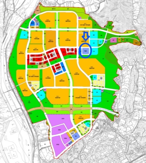 ▲ 파랑 동그라미 위치가 다산신도시 진건지구 복합커뮤니티센터 예정부지. 진건지구 토지이용계획도. ⓒ경기도시공사