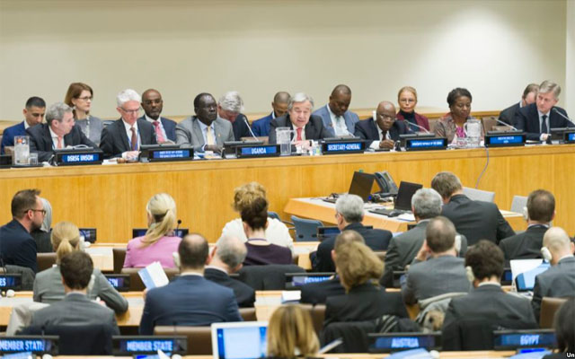 ▲ 유엔 구호기금 마련을 위한 고위급 회의 모습. 북한은 올해에는 금융제재 때문에 유엔 구호기금을 못받게 됐다고 한다. ⓒ美VOA 관련보도 화면캡쳐-유엔.