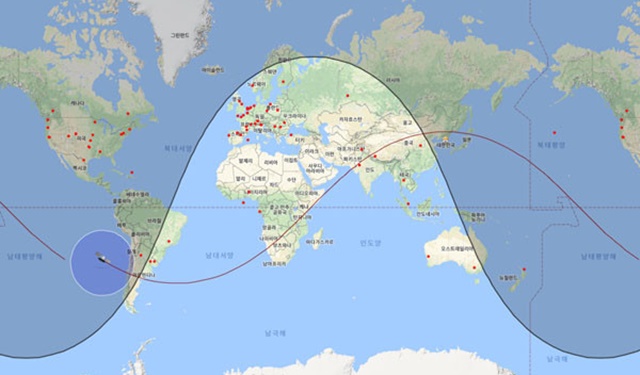 ▲ 美북미방공사령부(NORAD) 추적 데이터를 기반으로 예측한 '텐궁-1호'의 지구선회궤도. ⓒ스페이스플레어 닷컴 관련보도 화면캡쳐.