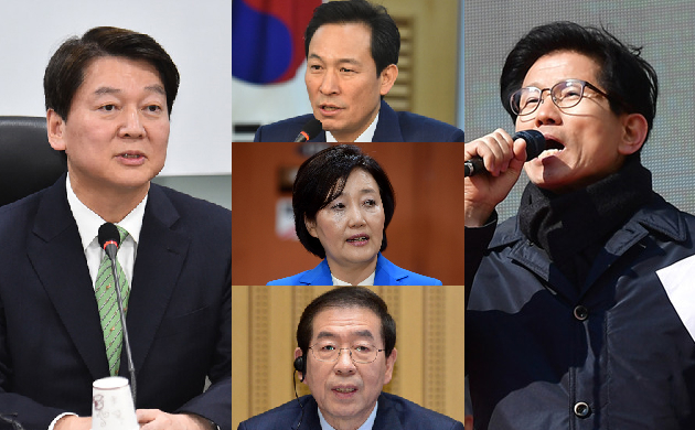 ▲ 6·13 지방선거 서울특별시장 선거가 바른미래당 안철수 전 대표(사진 왼쪽)와 더불어민주당 우상호·박영선 의원, 박원순 시장과의 3자 결선투표 경선 승자(사진 가운데 위로부터)에 자유한국당에서 김문수 대구 수성갑 당협위원장 공천을 검토하면서 본격적인 3파전 구도로 흐르기 시작했다는 관측이다. ⓒ뉴데일리 사진DB