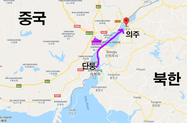 ▲ 북한이 압록강을 통하 군용 SUV를 밀수하다 적발된 경로. ⓒ美자유아시아방송 관련보도 화면캡쳐-구글 맵