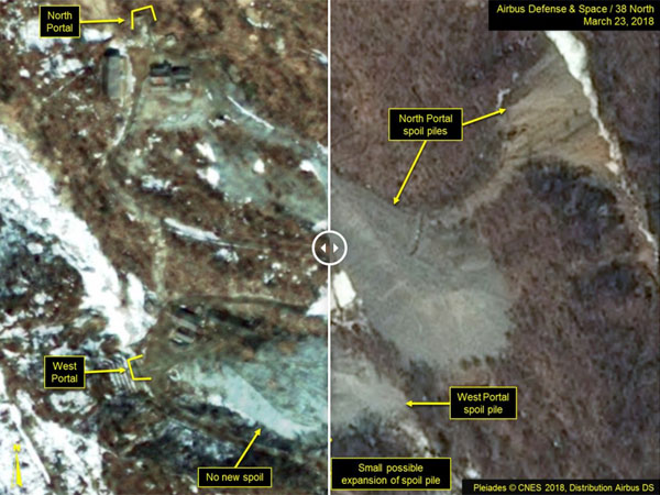▲ 美38노스는 지난 2일 北풍계리 핵실험장을 촬영한 위성사진을 통해 