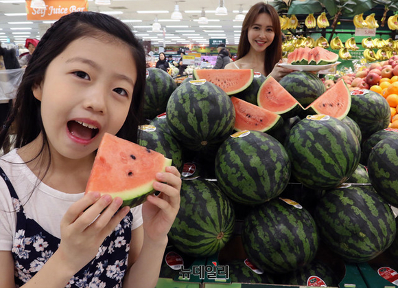 ▲ 이마트 용산점에서 모델들이 봄 햇수박을 선보이고 있다. ⓒ이마트