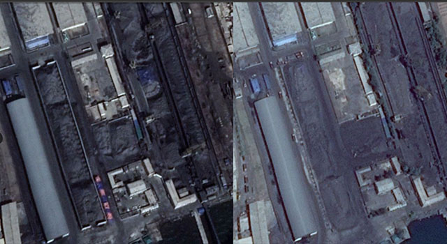 ▲ 지난 3월 14일 촬영한 남포항 사진(왼쪽)과 2017년 5월에 촬영한 사진(오른쪽) ⓒ美VOA 관련보도 화면캡쳐-구글 어스.