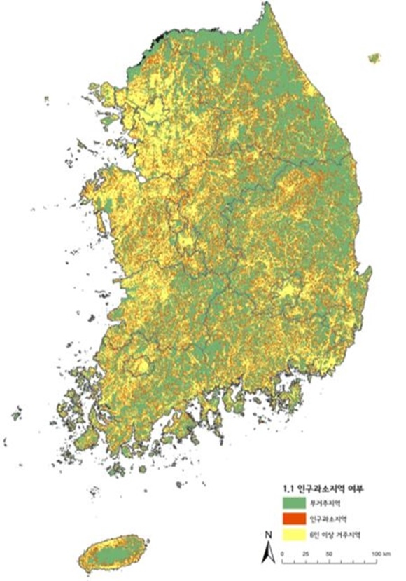 ▲ 격자형 국토통계지도를 활용한 국토모니터링 보고서 가운데 인구과소지역. ⓒ국토교통부