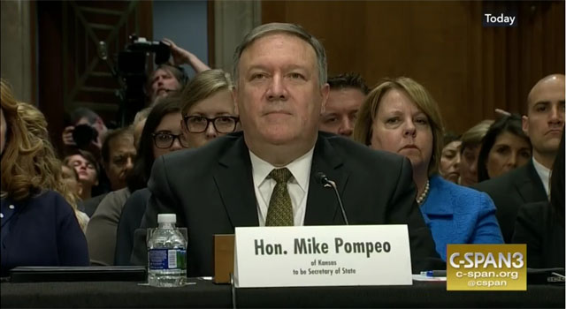 ▲ 지난 12일(현지시간) 美상원 인준 청문회에 출석한 마이크 폼페오 美국무장관 내정자. ⓒ美공영 C-SPAN 중계방송 화면캡쳐.