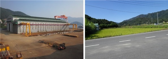 ▲ 장한 소유 선박구성품 제조공장 전경(왼쪽)과 전남 담양군 소재 답 전경. ⓒ 지지옥션