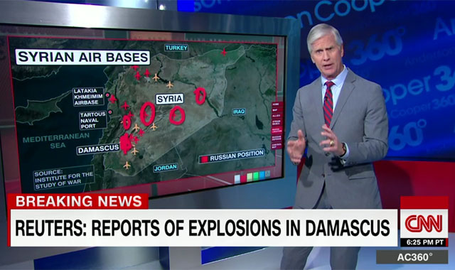 연합군이 공습한 주요 장소를 추정해 설명하는 보도. CNN을 비롯한 미국 주요 언론들은 연합군의 시리아 공습 상황을 속보로 전하고 있다. ⓒ美CNN 관련보도 화면캡쳐.