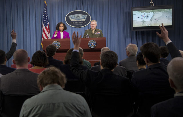 ▲ 美국방부가 지난 14일(현지시간) 시리아 공격에 대한 브리핑을 하고 있다. ⓒ美국방부.