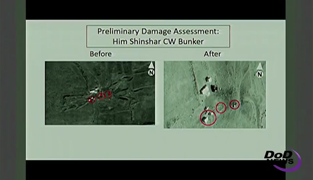 케네스 맥킨지 美합참 전략기획본부장이 공개한 시리아 홈스 일대의 화학무기 시설 위성사진. 왼쪽이 공격 전이고 오른쪽이 공격 후이다. ⓒ美국방부 뉴스 관련영상 캡쳐.