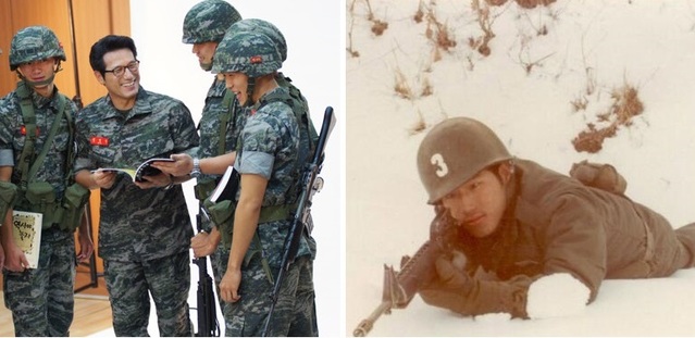 ▲ 지난 2012년 경기 김포 해병대 2사단 1연대를 방문한 정병국 의원이 특강을 마치고 포스터 촬영을 하고 있는 모습(왼쪽)과 현역 복무 시절 훈련받는 모습.(오른쪽) ⓒ정병국 의원실 제공