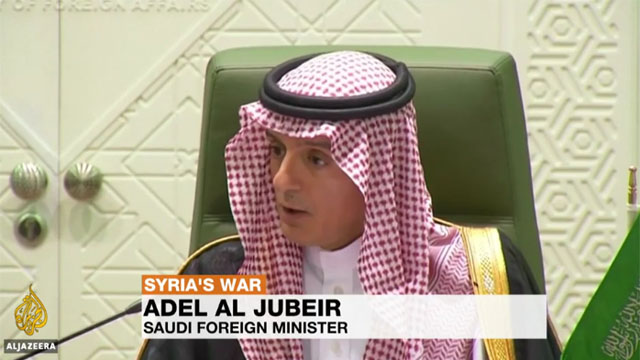 ▲ 지난 18일(현지시간) 안토니오 구테헤스 유엔 사무총장과의 회담 후 기자회견을 갖는 아델 알-쥬베르 사우디 외무장관. ⓒ알 자지라 관련보도 화면캡쳐.