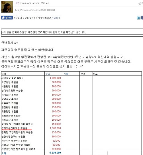 ▲ 유시민 팬클럽이 주도한 '10.4 남북정상선언 9주년 행사'에 '드루킹'의 조직 경공모(경제적공진화모임)가 1백 50만원을 후원한 것으로 나타났다. ⓒ유시민 작가 팬클럽 '시민광장' 홈페이지 캡처