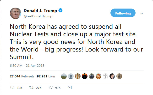 도널드 트럼프 美대통령은 김정은의 핵실험 및 탄도미사일 발사 중단, 핵실험장 폐기 소식을 들은 뒤 자신의 트위터에 환영한다는 뜻을 밝혔다. ⓒ도널드 트럼프 美대통령 트위터 캡쳐