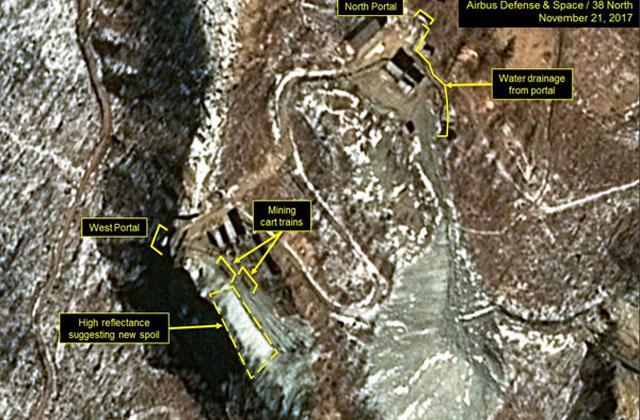 ▲ 2017년 12월 北함경북도 길주군 풍계리 핵실험장 일대 위성사진. 서쪽 갱도를 공사 중인 모습이 보인다. ⓒ美38노스 관련보고서 화면캡쳐.
