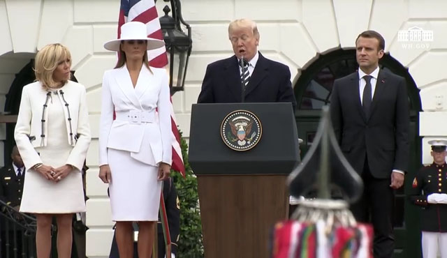 ▲ 도널드 트럼프 美대통령은 지난 24일 엠마누엘 마크롱 프랑스 대통령의 방미 환영 연설에서도 북핵 문제를 거론했다. ⓒ美백악관 유튜브 채널 캡쳐.